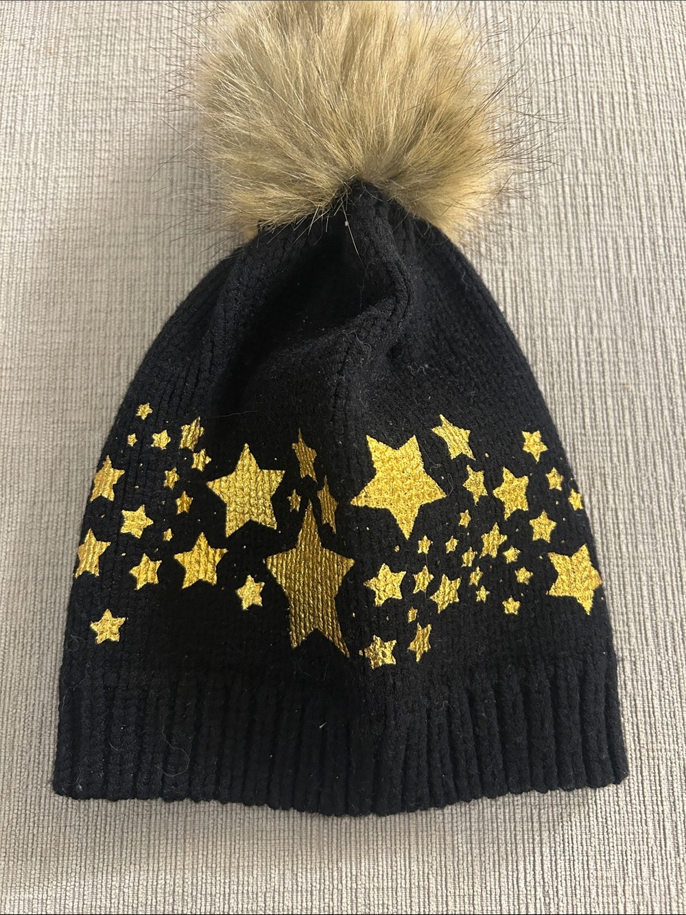 Kids Black Beanie with Gold Star Accents and Faux-Fur Pom